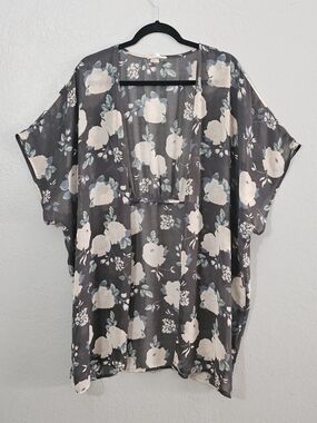 Maurices Sheer Floral Kimono Top - Black & Pink Womens L/XL Short Sleeve